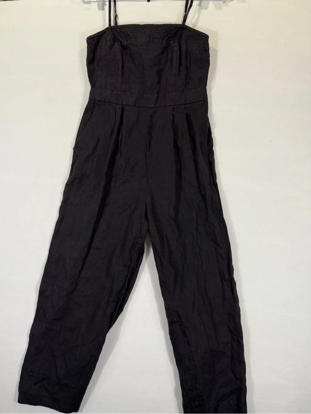 J. Crew Dark Wine Smocked Strap Linen-Blend Jumpsuit